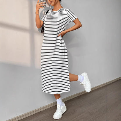 CD | Rochie midi pentru femei - Tricot moale - Ținută relaxată - Model cu dungi - Fantă laterală Stil casual