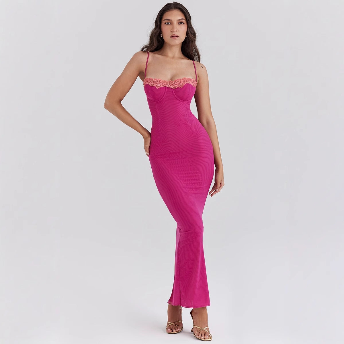 CD | Rochie maxi pentru femei - slim fit - dantelă - bustieră - bretele spaghetti - tiv transparent
