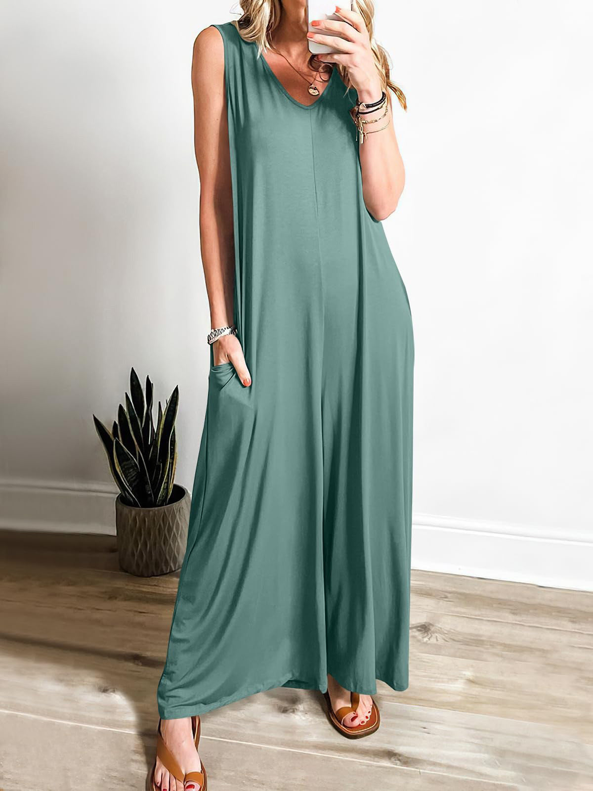 CD | Rochie maxi pentru femei - Tricot moale - Ținută relaxată - Fără mâneci, gât în V cu buzunare