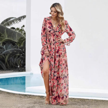 CD | Rochie maxi pentru femei - Chiffon - Croială boemă - Decolteu în V - Mâneci lungi - Imprimeu floral