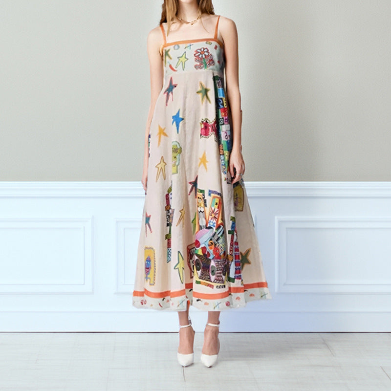 CD | Rochie maxi pentru femei - A-line - Bretele spaghetti - Bumbac ușor - Model imprimat
