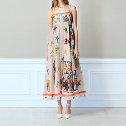 CD | Rochie maxi pentru femei - A-line - Bretele spaghetti - Bumbac ușor - Model imprimat