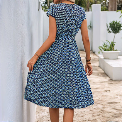 CD | Rochie midi pentru femei - Ținută relaxată - Curea cu cravată - Mâneci scurte - Amestec respirabil - Model grafic