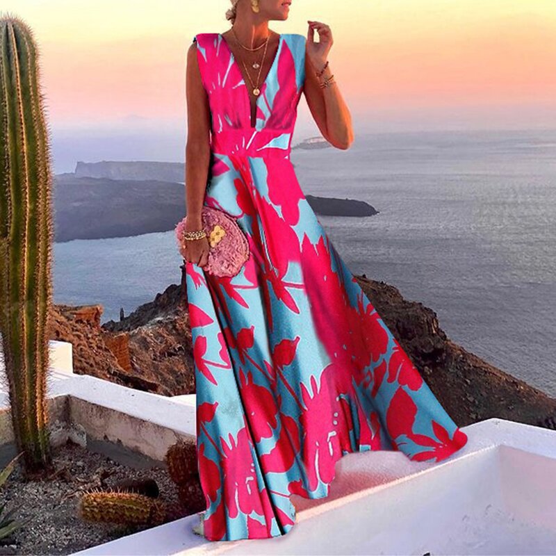 CD | Rochie maxi pentru femei - Croială fluidă - Decolteu adânc în V - Fără mâneci - Model geometric - Amestec de bumbac