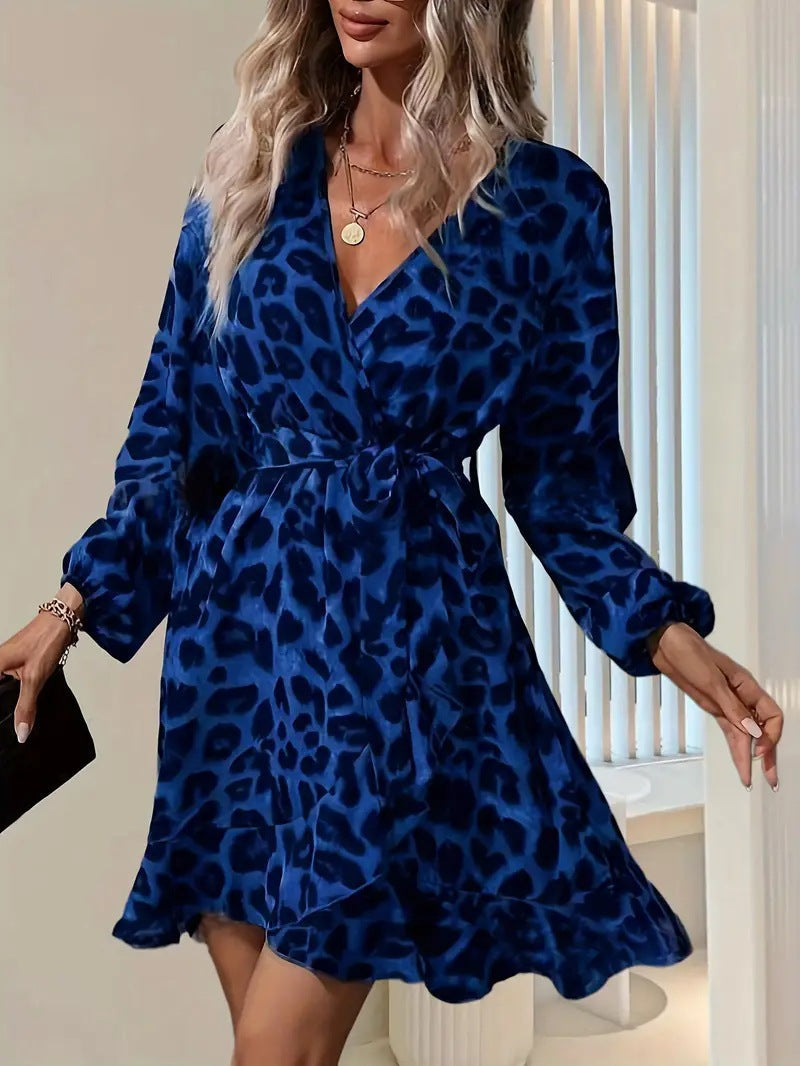 CD | Rochie midi pentru femei - Tailored fit - Decolteu în V - Curea cu cravată - Mâneci balon - Imprimeu leopard