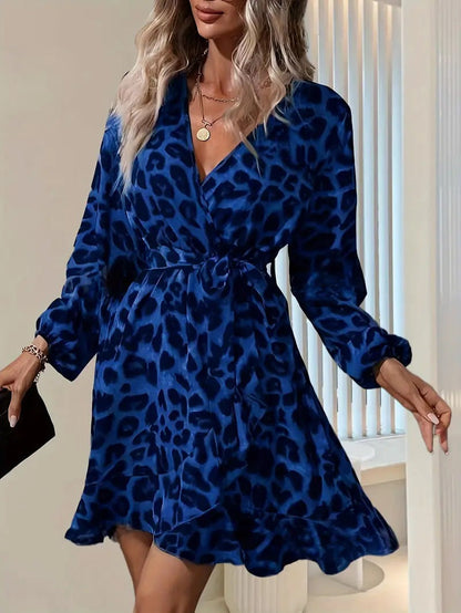 CD | Rochie midi pentru femei - Tailored fit - Decolteu în V - Curea cu cravată - Mâneci balon - Imprimeu leopard