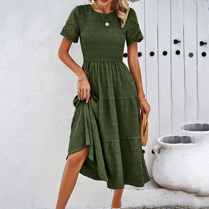 CD | Rochie midi pentru femei - Corset smocked - Fustă evazată - Mâneci cropped - Amestec de bumbac