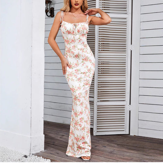 CD | Rochie maxi pentru femei - Slim fit - Bretele spaghete - Spate deschise - Model floral
