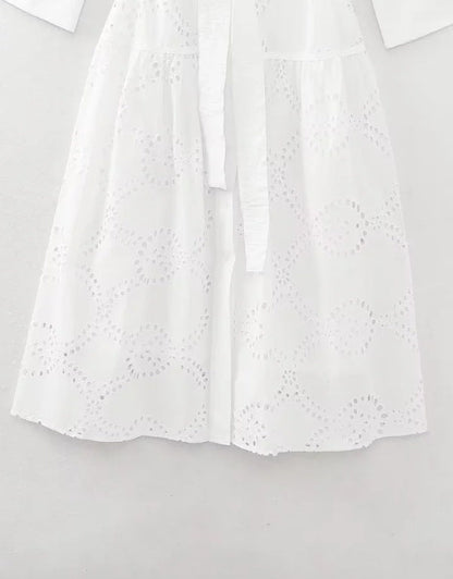 CD | Rochie midi de damă - Broderie Anglaise - Ținută relaxată - Curea în talie - Buton