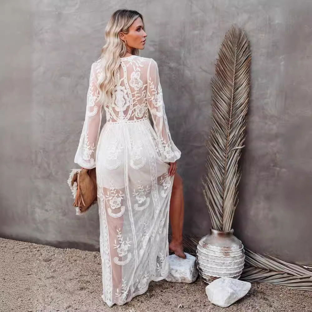 CD | Rochie lungă pentru femei - șifon dantelă - V-neck - mâneci transparente - fantă mare - uzură formală
