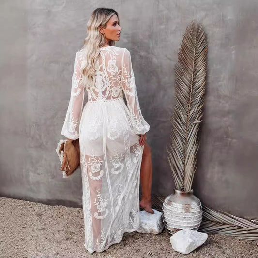 CD | Rochie lungă pentru femei - șifon dantelă - V-neck - mâneci transparente - fantă mare - uzură formală