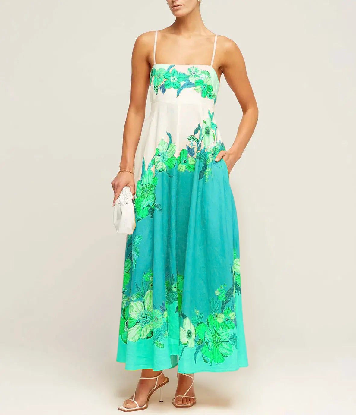 CD | Rochie midi pentru femei - Smocked top - A-line - Spaghetti straps - Amestec de bumbac