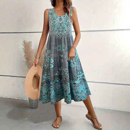 CD | Rochie midi pentru femei - A-line - fără mâneci - decolteu în U - imprimeu floral - amestec de bumbac