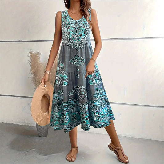 CD | Rochie midi pentru femei - A-line - fără mâneci - decolteu în U - imprimeu floral - amestec de bumbac
