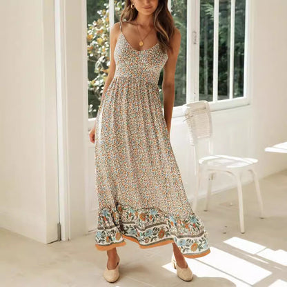 CD | Rochie maxi de damă - imprimeu floral - decolteu în V cu bretele - croială boho fluidă - material ușor