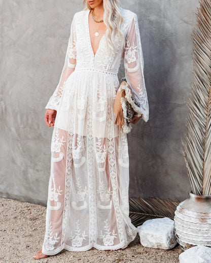 CD | Rochie lungă pentru femei - șifon dantelă - V-neck - mâneci transparente - fantă mare - uzură formală
