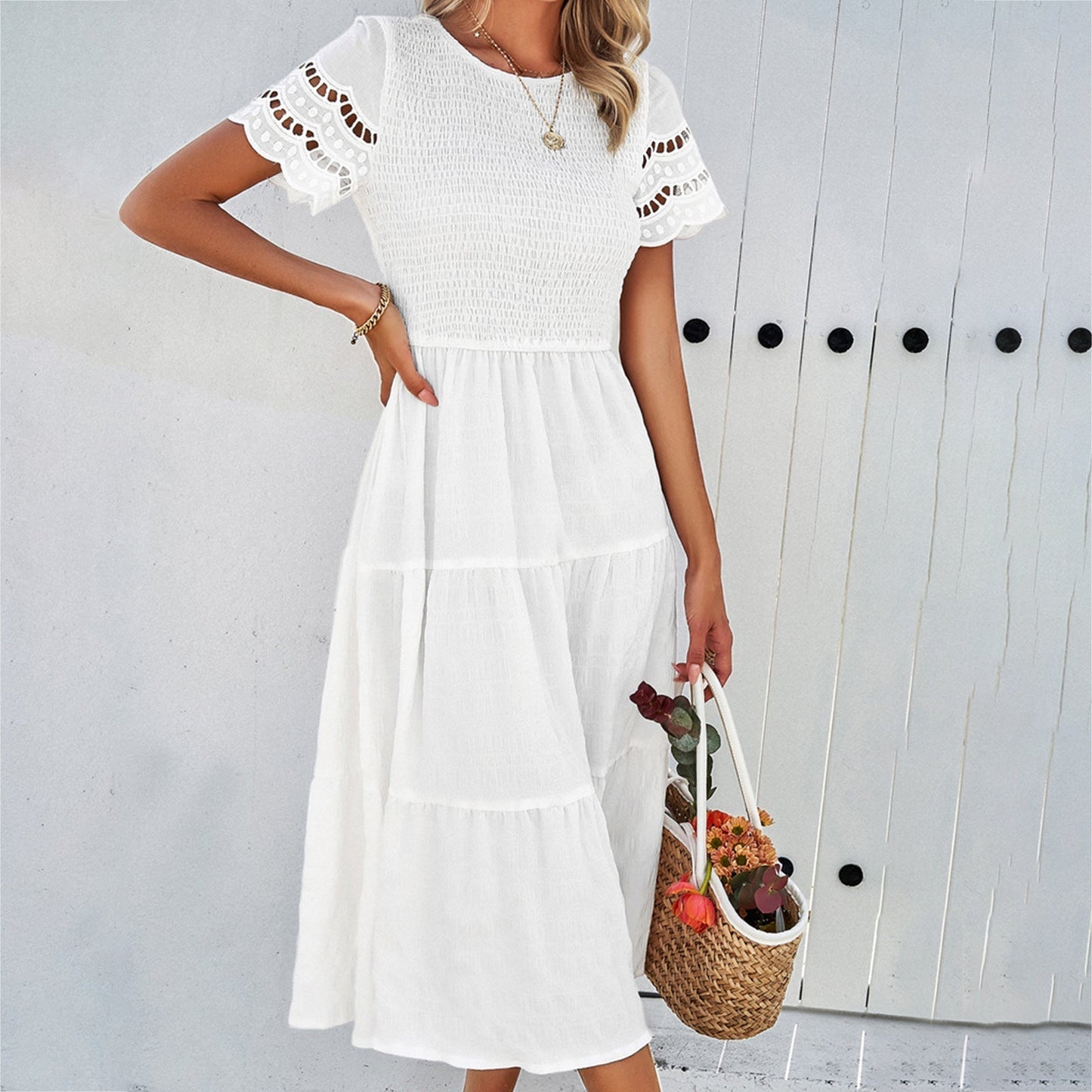 CD | Rochie midi pentru femei - Corset smocked - Fustă evazată - Mâneci cropped - Amestec de bumbac