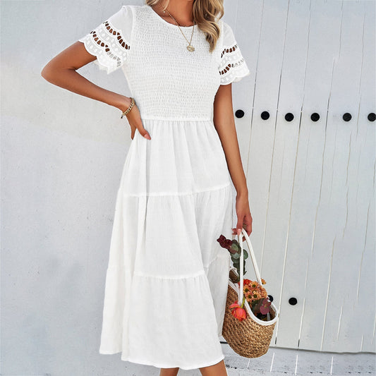 CD | Rochie midi pentru femei - Corset smocked - Fustă evazată - Mâneci cropped - Amestec de bumbac