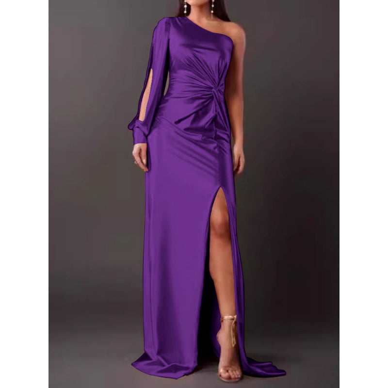 CD | Rochie maxi pentru femei - Satin Finish - Un umăr - Fantă înaltă - Talie încrețită - Slim Fit