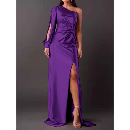 CD | Rochie maxi pentru femei - Satin Finish - Un umăr - Fantă înaltă - Talie încrețită - Slim Fit