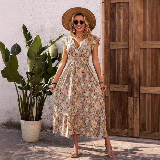 CD | Rochie maxi pentru femei - imprimeu floral - decolteu în V - fustă cu cravată - mâneci flutter - amestec de bumbac