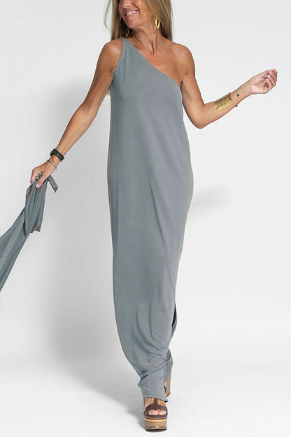 CD | Rochie midi casual fără mâneci, cu un singur umăr, din bumbac și in, cu o croială lejeră