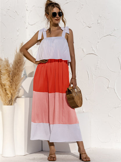CD | Colour Block Tie Shoulder Tiered Rochie midi fără mâneci