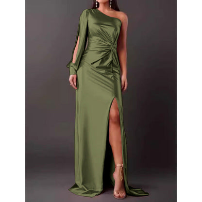 CD | Rochie maxi pentru femei - Satin Finish - Un umăr - Fantă înaltă - Talie încrețită - Slim Fit