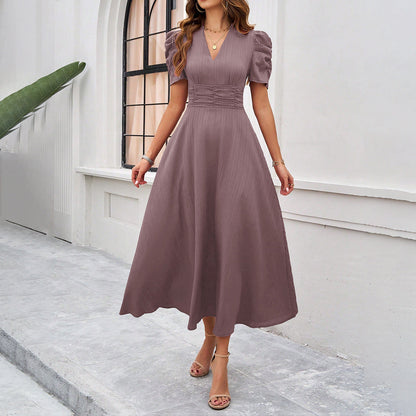 CD | Rochie Midi pentru femei - Fit and Flare - decolteu în V - mâneci bufante - talie strânsă - stil elegant