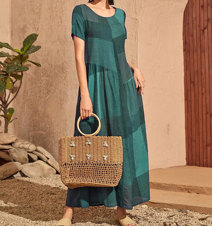 CD | Ladies Rochie lungă - A-line Loose fit - Bumbac - Imprimeu în carouri - Mâneci scurte Casual