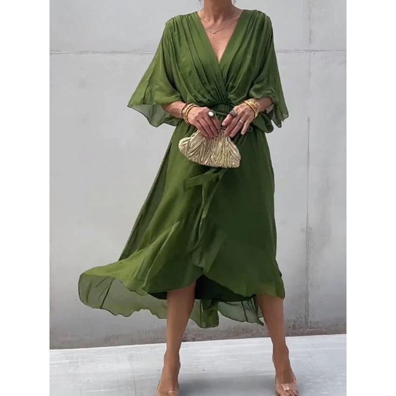 CD | Rochie maxi pentru femei - Ținută relaxată - Mâneci batwing - Curea cu cravată - Tiv asimetric