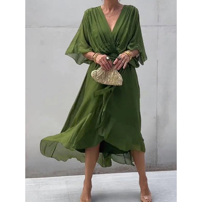 CD | Rochie maxi pentru femei - Ținută relaxată - Mâneci batwing - Curea cu cravată - Tiv asimetric