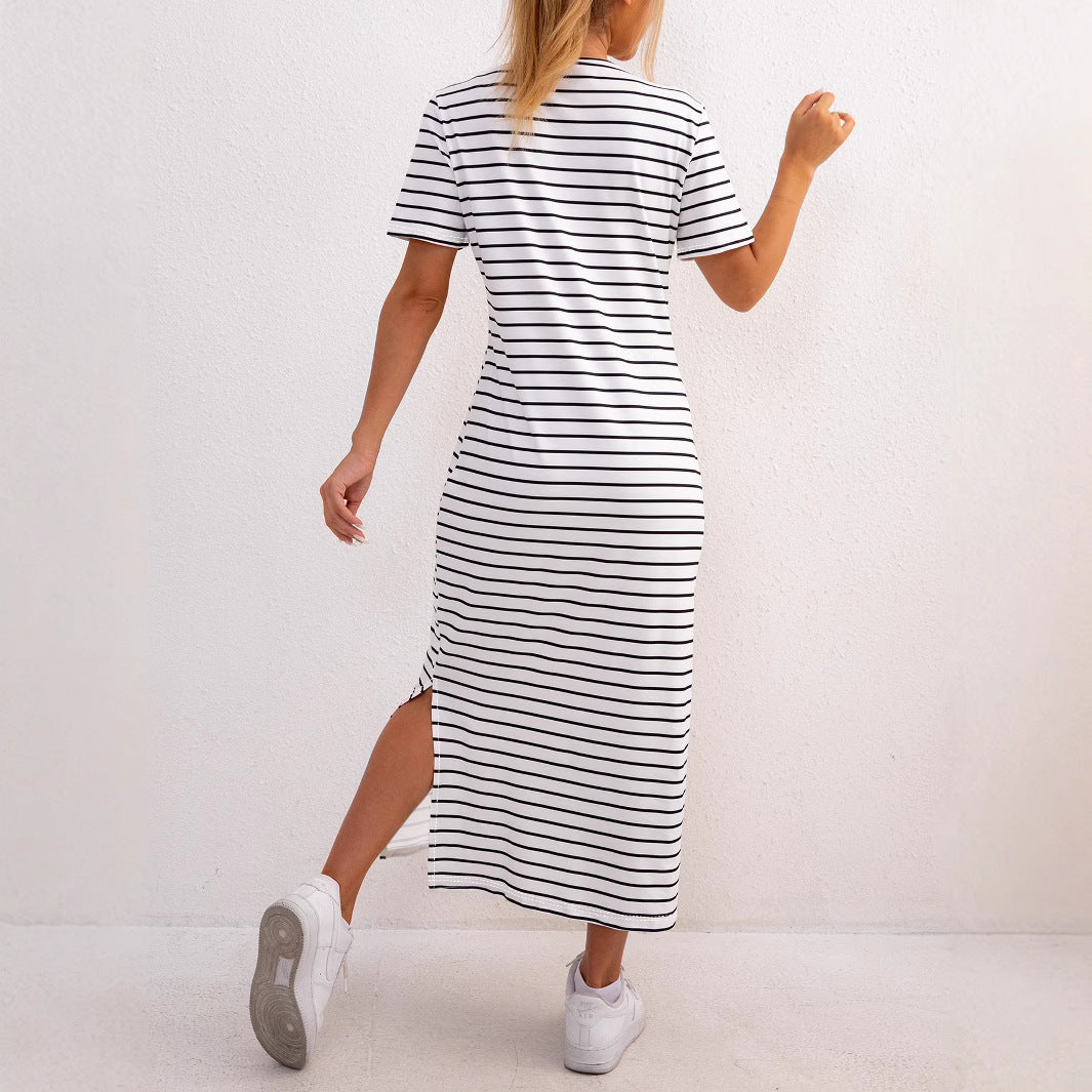 CD | Rochie midi pentru femei - Tricot moale - Ținută relaxată - Model cu dungi - Fantă laterală Stil casual