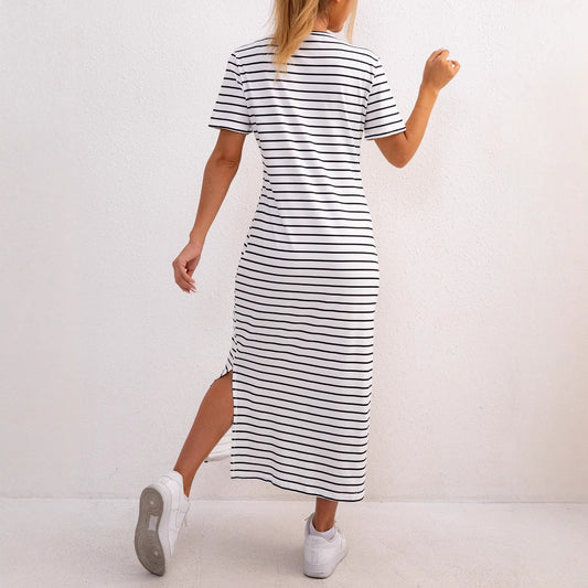 CD | Rochie midi pentru femei - Tricot moale - Ținută relaxată - Model cu dungi - Fantă laterală Stil casual