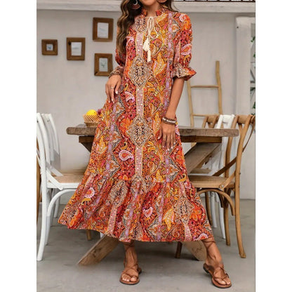 CD | Rochie midi pentru femei - Ținută relaxată - Mâneci cu volane - Imprimeu boho - Fustă cu cravată - Decolteu cu cravată