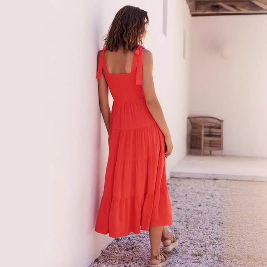 CD | Rochie midi pentru femei - corset smocked - bretele reglabile - fustă A-line cu cravată