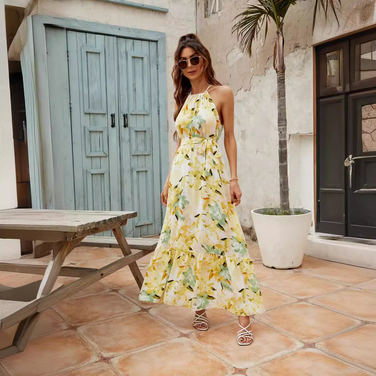 CD | Rochie maxi pentru femei - Amestec ușor de bumbac - Gât halter - Fustă cu cravată - Talie ajustabilă