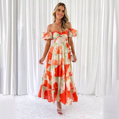 CD | Rochie maxi pentru femei - Fit and flare - Mâneci bufante - Partea de sus cropped - Fusta Tiered - Imprimate