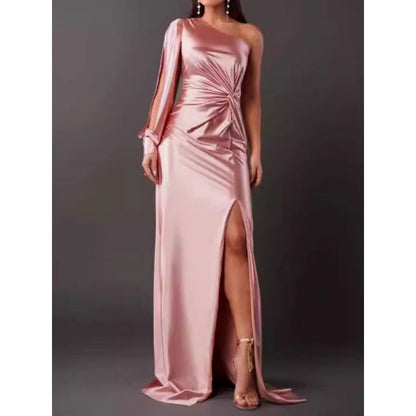 CD | Rochie maxi pentru femei - Satin Finish - Un umăr - Fantă înaltă - Talie încrețită - Slim Fit