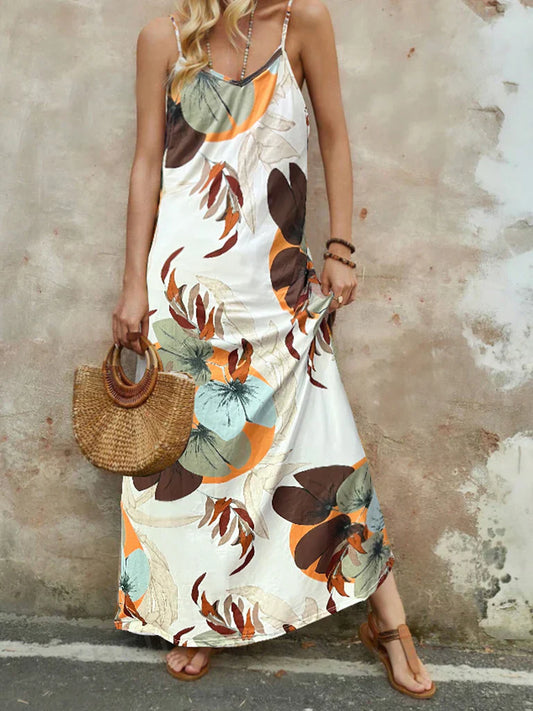 CD | Rochie maxi pentru femei - Imprimeu floral - Bretele spaghete - Ținută relaxată - Bumbac