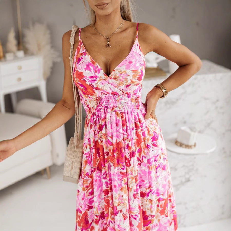 CD | Rochie maxi pentru femei - croială cu decolteu în V - imprimeu floral - bretele reglabile - croială pe măsură