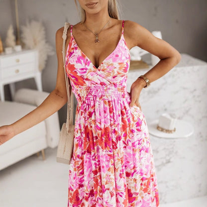 CD | Rochie maxi pentru femei - croială cu decolteu în V - imprimeu floral - bretele reglabile - croială pe măsură