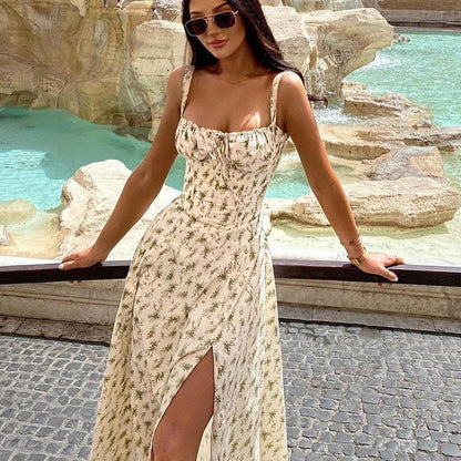 CD | Rochie midi pentru femei - fără mâneci - cu cravată în față - imprimeu floral - ușor, cu croială evazată