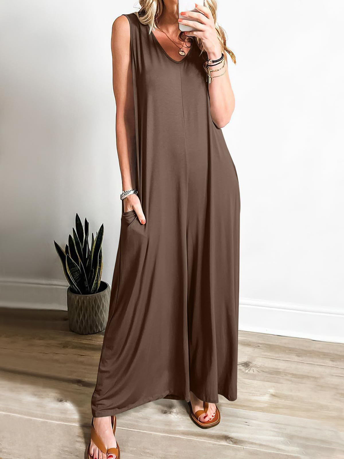 CD | Rochie maxi pentru femei - Tricot moale - Ținută relaxată - Fără mâneci, gât în V cu buzunare