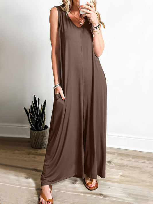 CD | Rochie maxi pentru femei - Tricot moale - Ținută relaxată - Fără mâneci, gât în V cu buzunare