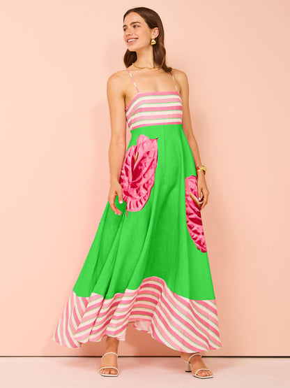 CD | Rochie midi pentru femei - Smocked top - A-line - Spaghetti straps - Amestec de bumbac