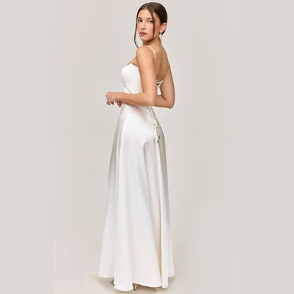 CD | Rochie midi pentru femei - slim fit - aspect satin - inserție dantelă - A-line - bretele spaghetti