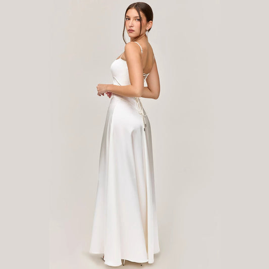 CD | Rochie midi pentru femei - slim fit - aspect satin - inserție dantelă - A-line - bretele spaghetti