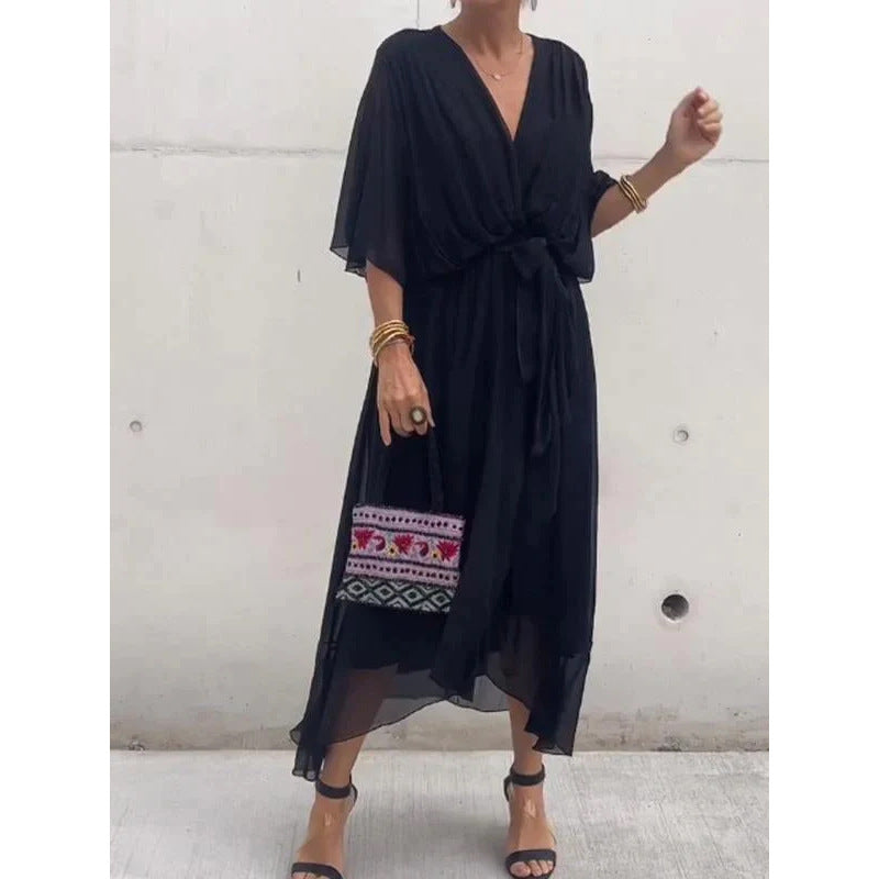 CD | Rochie maxi pentru femei - Ținută relaxată - Mâneci batwing - Curea cu cravată - Tiv asimetric