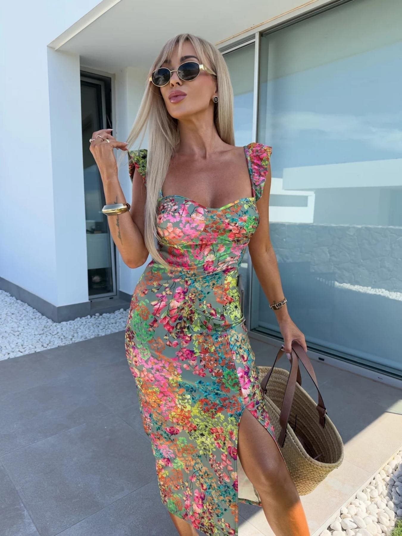 CD | Rochie midi pentru femei - Slim fit - Model floral - Bretele încrețite - Fantă laterală - Amestec respirabil